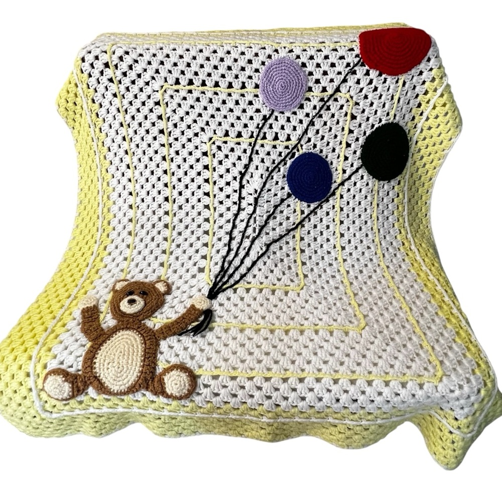 VTG Handmade Crochet Granny Square Teddy Bear and Balloons Baby Blanket Afghan